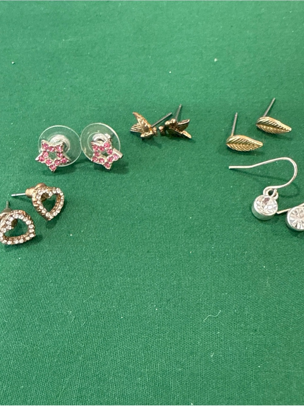 5 Pairs Small Earrings- Heart,Stars, Doves, Leaves Stud & Dangle Rhinestone 121B